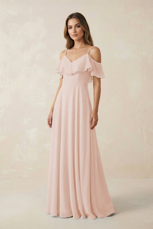Off - the - Shoulder Ruffled A - Line Chiffon Bridesmaid Dress in Pale Blush - SHE IS ME Bridesmaid Dresses