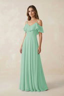 Off - the - Shoulder Ruffled A - Line Chiffon Bridesmaid Dress in Pale Pistachio - SHE IS ME Bridesmaid Dresses