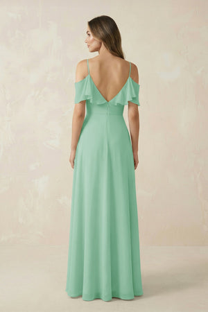 Off - the - Shoulder Ruffled A - Line Chiffon Bridesmaid Dress in Pale Pistachio - SHE IS ME Bridesmaid Dresses