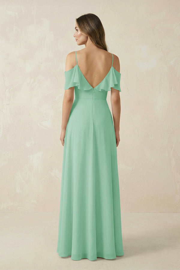Off - the - Shoulder Ruffled A - Line Chiffon Bridesmaid Dress in Pale Pistachio - SHE IS ME Bridesmaid Dresses