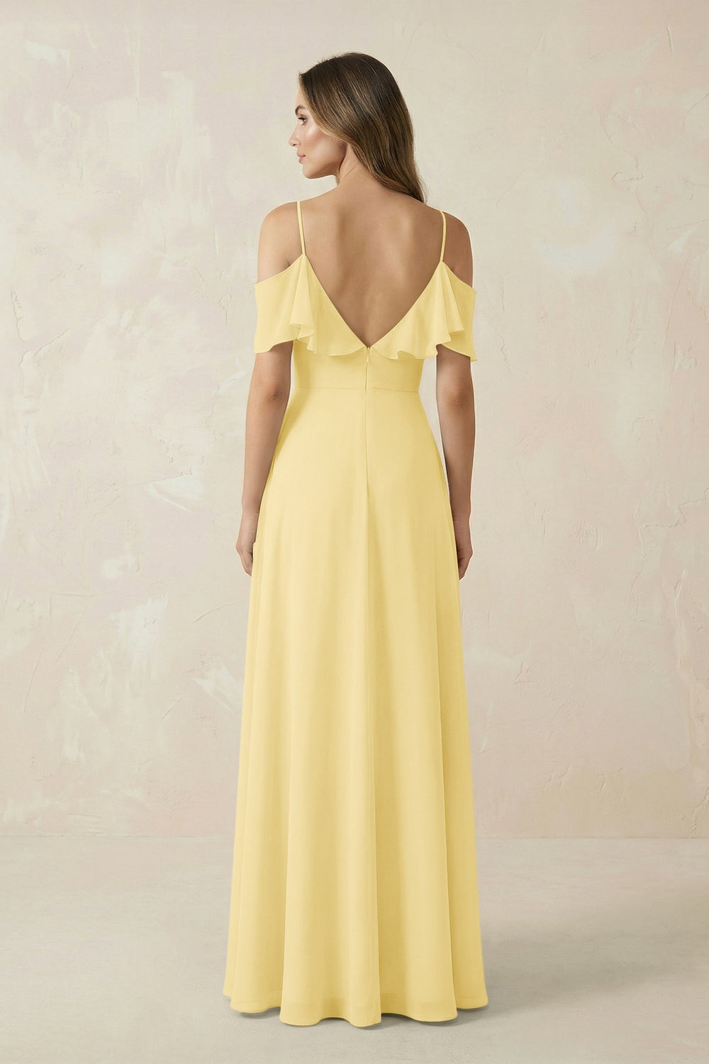 Off - the - Shoulder Ruffled A - Line Chiffon Bridesmaid Dress in Pastel Yellow - KISS BRIDAL Bridesmaid Dresses