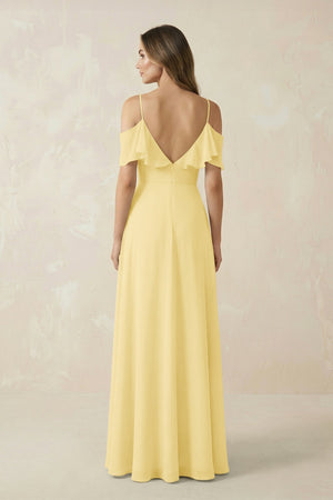 Off - the - Shoulder Ruffled A - Line Chiffon Bridesmaid Dress in Pastel Yellow - SHE IS ME Bridesmaid Dresses
