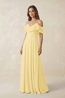 Off - the - Shoulder Ruffled A - Line Chiffon Bridesmaid Dress in Pastel Yellow - SHE IS ME Bridesmaid Dresses