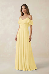 Off - the - Shoulder Ruffled A - Line Chiffon Bridesmaid Dress in Pastel Yellow - KISS BRIDAL Bridesmaid Dresses