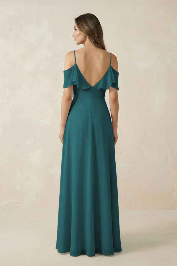 Off - the - Shoulder Ruffled A - Line Chiffon Bridesmaid Dress in Pine - SHE IS ME Bridesmaid Dresses