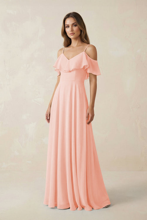 Off - the - Shoulder Ruffled A - Line Chiffon Bridesmaid Dress in Rose Petal - SHE IS ME Bridesmaid Dresses