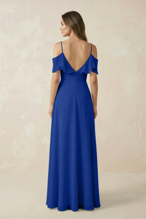 Off - the - Shoulder Ruffled A - Line Chiffon Bridesmaid Dress in Royal Blue - SHE IS ME Bridesmaid Dresses