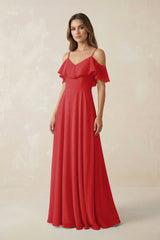 Off - the - Shoulder Ruffled A - Line Chiffon Bridesmaid Dress in Ruby Red - KISS BRIDAL Bridesmaid Dresses