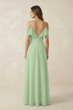 Off - the - Shoulder Ruffled A - Line Chiffon Bridesmaid Dress in Sage - SHE IS ME Bridesmaid Dresses
