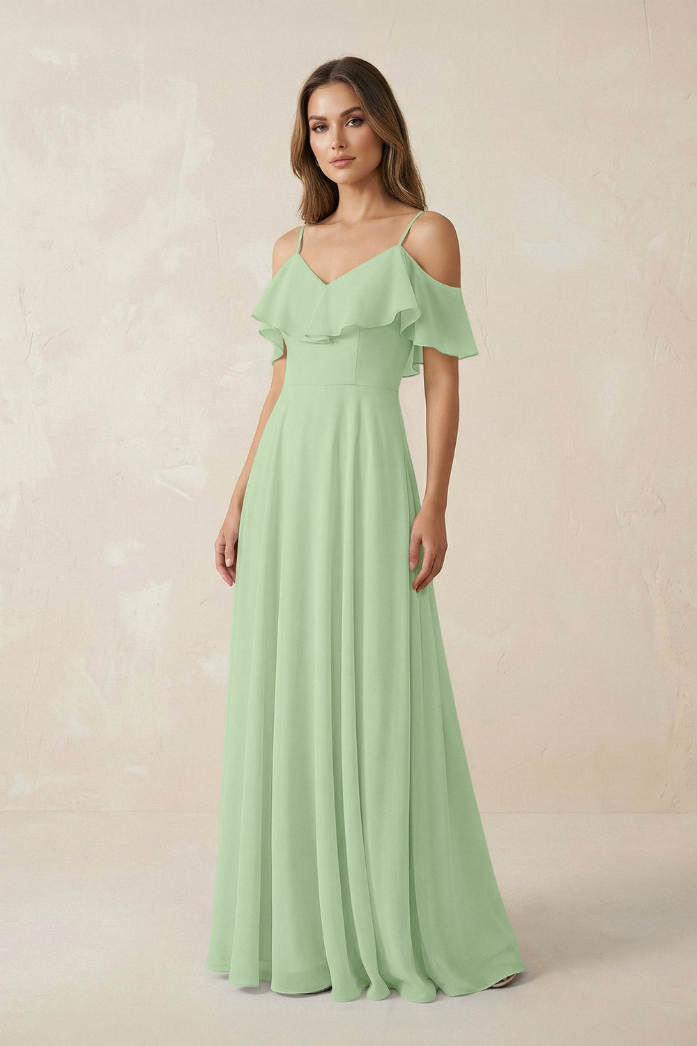 Off - the - Shoulder Ruffled A - Line Chiffon Bridesmaid Dress in Sage - KISS BRIDAL Bridesmaid Dresses