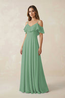 Off - the - Shoulder Ruffled A - Line Chiffon Bridesmaid Dress in Sea Glass - SHE IS ME Bridesmaid Dresses