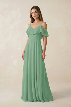 Off - the - Shoulder Ruffled A - Line Chiffon Bridesmaid Dress in Sea Glass - SHE IS ME Bridesmaid Dresses