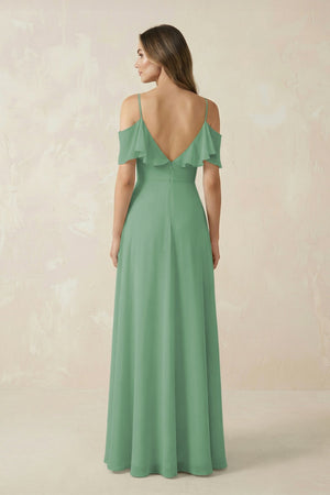 Off - the - Shoulder Ruffled A - Line Chiffon Bridesmaid Dress in Sea Glass - SHE IS ME Bridesmaid Dresses