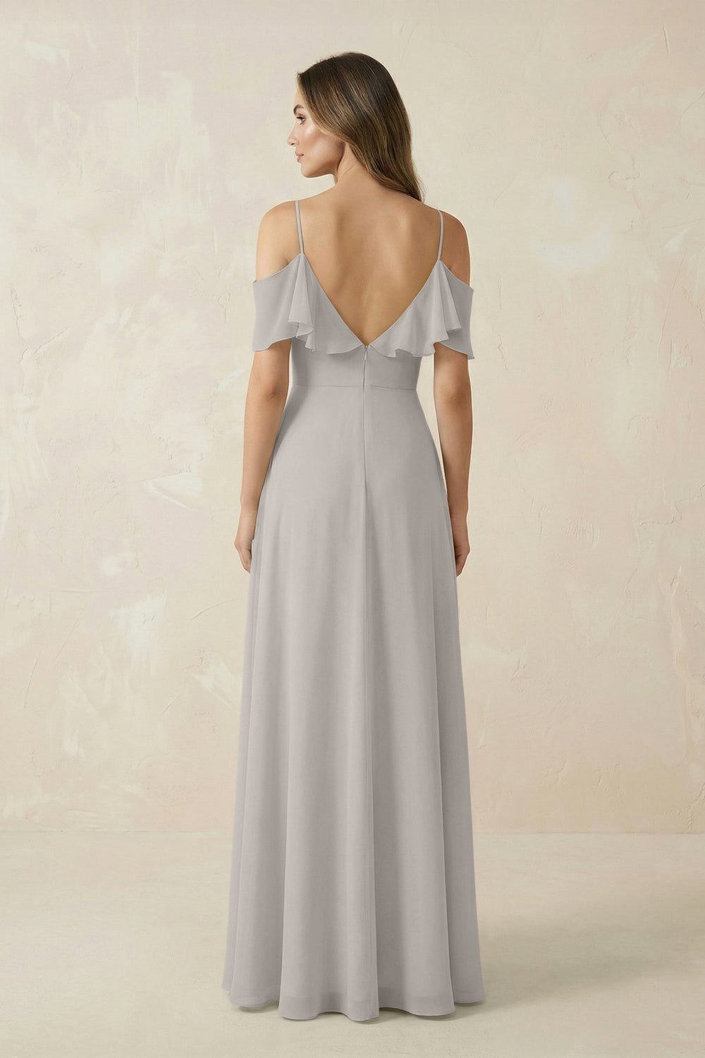 Off - the - Shoulder Ruffled A - Line Chiffon Bridesmaid Dress in Silver - KISS BRIDAL Bridesmaid Dresses