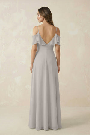 Off - the - Shoulder Ruffled A - Line Chiffon Bridesmaid Dress in Silver - SHE IS ME Bridesmaid Dresses