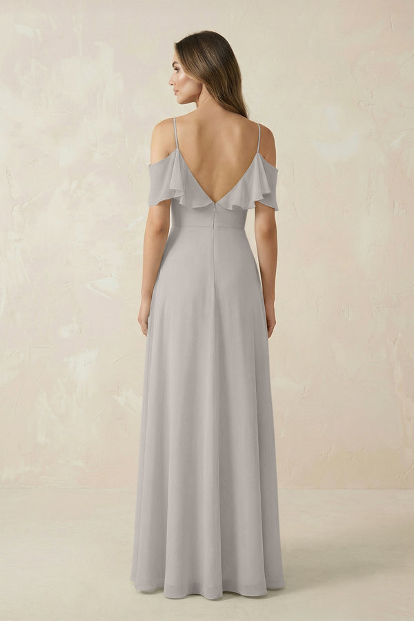 Off - the - Shoulder Ruffled A - Line Chiffon Bridesmaid Dress in Silver - SHE IS ME Bridesmaid Dresses