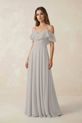 Off - the - Shoulder Ruffled A - Line Chiffon Bridesmaid Dress in Silver - KISS BRIDAL Bridesmaid Dresses