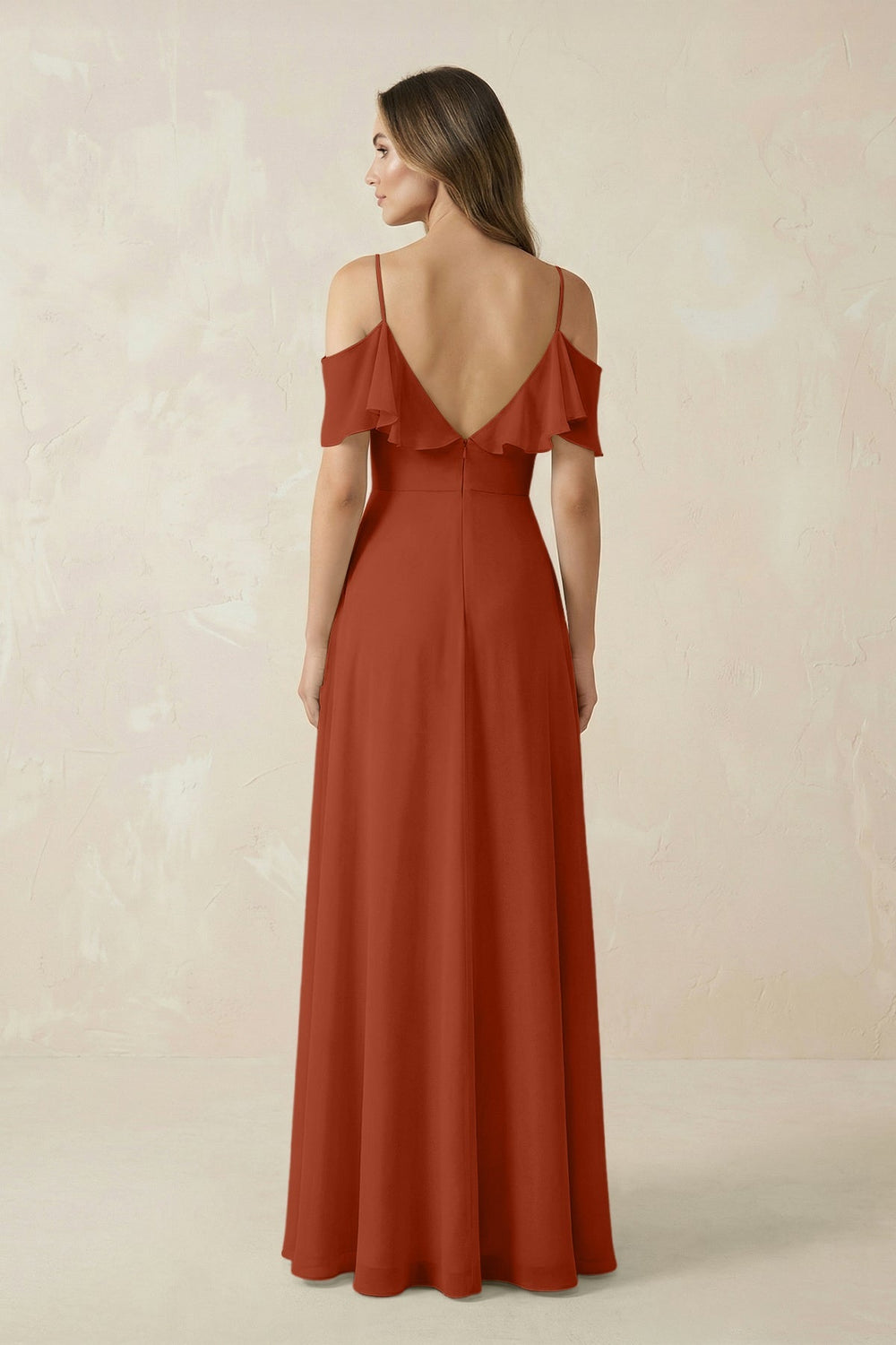 Off - the - Shoulder Ruffled A - Line Chiffon Bridesmaid Dress in Spice - KISS BRIDAL Bridesmaid Dresses