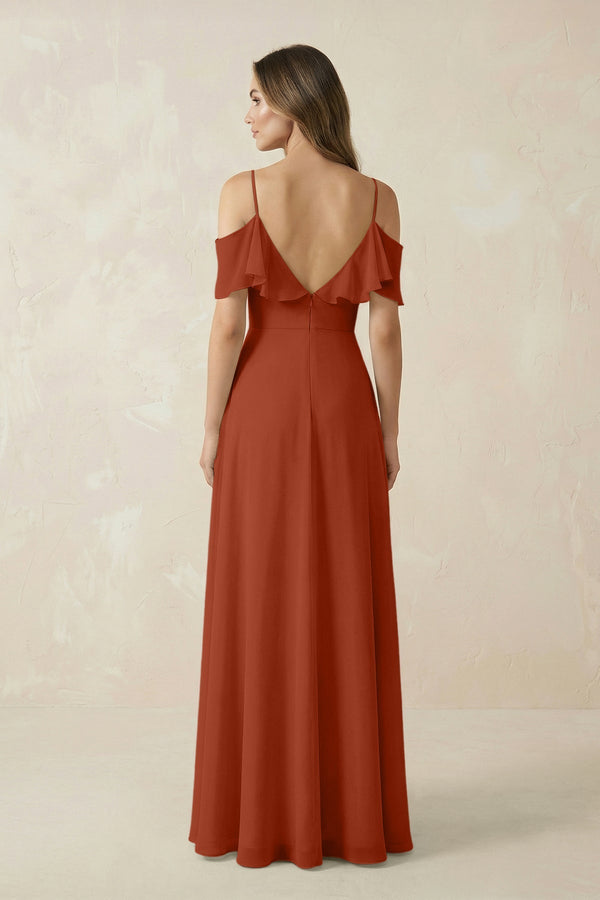 Off - the - Shoulder Ruffled A - Line Chiffon Bridesmaid Dress in Spice - SHE IS ME Bridesmaid Dresses