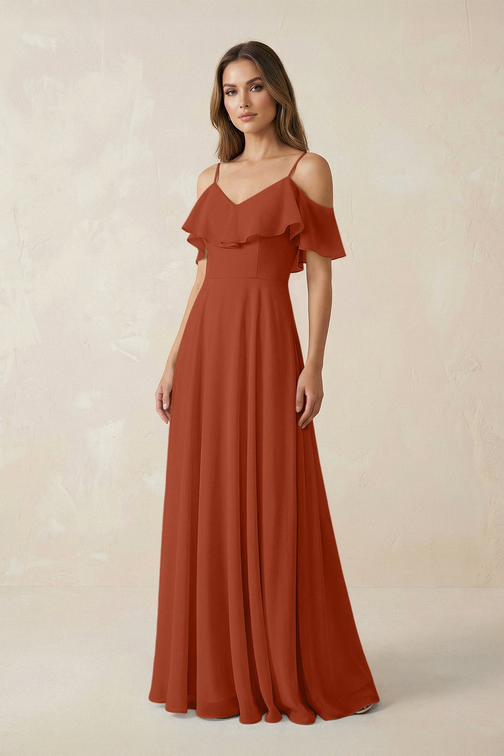 Off - the - Shoulder Ruffled A - Line Chiffon Bridesmaid Dress in Spice - KISS BRIDAL Bridesmaid Dresses