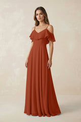 Off - the - Shoulder Ruffled A - Line Chiffon Bridesmaid Dress in Spice - KISS BRIDAL Bridesmaid Dresses