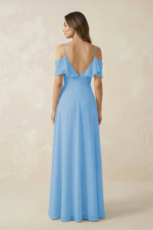 Off - the - Shoulder Ruffled A - Line Chiffon Bridesmaid Dress in Steel Blue - SHE IS ME Bridesmaid Dresses
