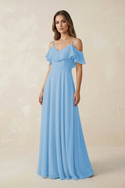 Off - the - Shoulder Ruffled A - Line Chiffon Bridesmaid Dress in Steel Blue - SHE IS ME Bridesmaid Dresses