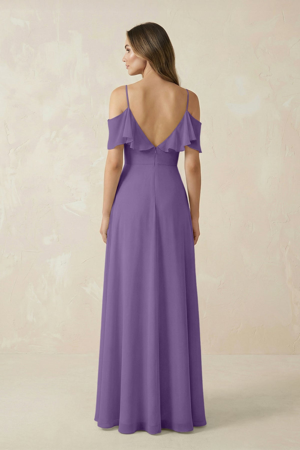 Off - the - Shoulder Ruffled A - Line Chiffon Bridesmaid Dress in Tahiti - KISS BRIDAL Bridesmaid Dresses