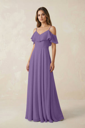 Off - the - Shoulder Ruffled A - Line Chiffon Bridesmaid Dress in Tahiti - SHE IS ME Bridesmaid Dresses