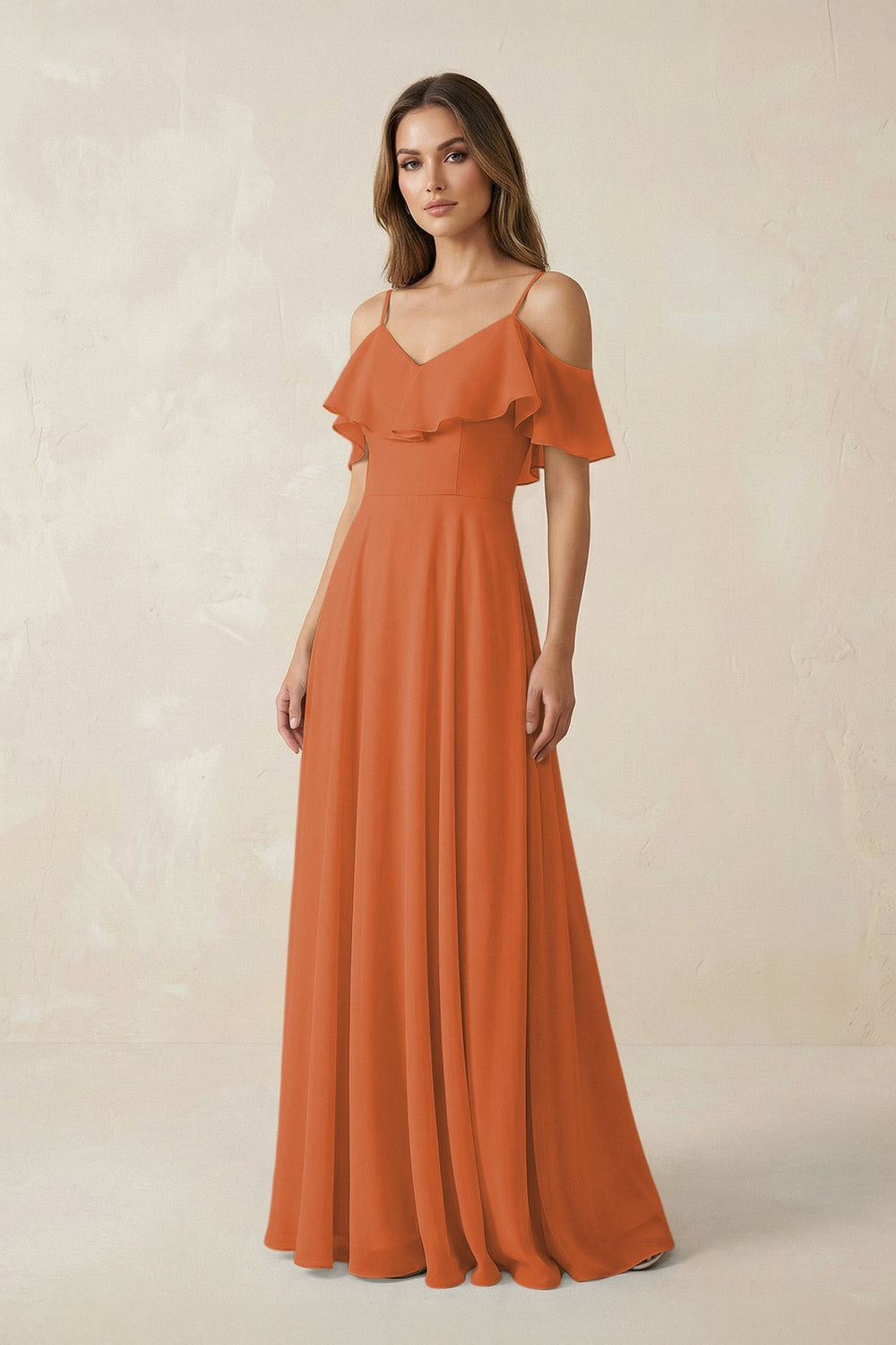 Off - the - Shoulder Ruffled A - Line Chiffon Bridesmaid Dress in Terracotta - KISS BRIDAL Bridesmaid Dresses