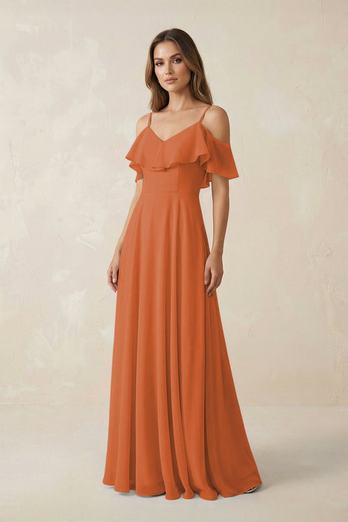 Off - the - Shoulder Ruffled A - Line Chiffon Bridesmaid Dress in Terracotta - SHE IS ME Bridesmaid Dresses