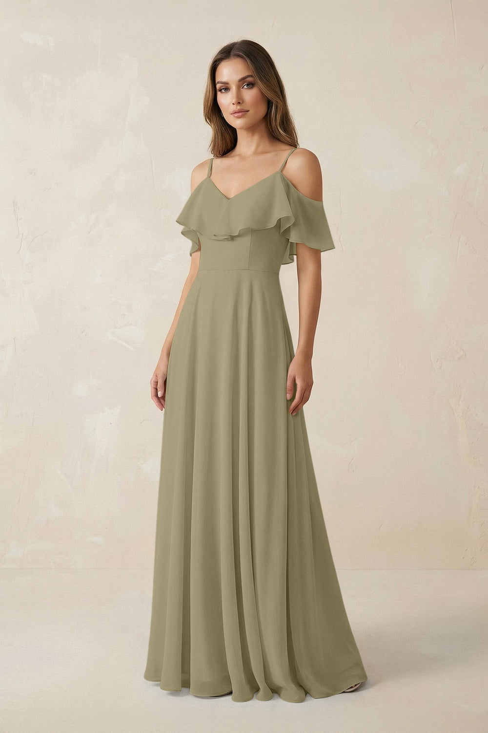 Off - the - Shoulder Ruffled A - Line Chiffon Bridesmaid Dress in Thyme - KISS BRIDAL Bridesmaid Dresses