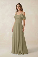 Off - the - Shoulder Ruffled A - Line Chiffon Bridesmaid Dress in Thyme - SHE IS ME Bridesmaid Dresses