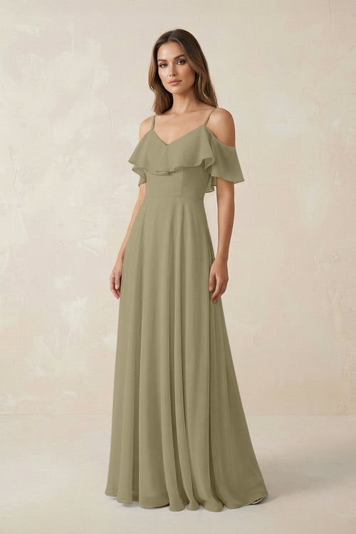 Off - the - Shoulder Ruffled A - Line Chiffon Bridesmaid Dress in Thyme - SHE IS ME Bridesmaid Dresses