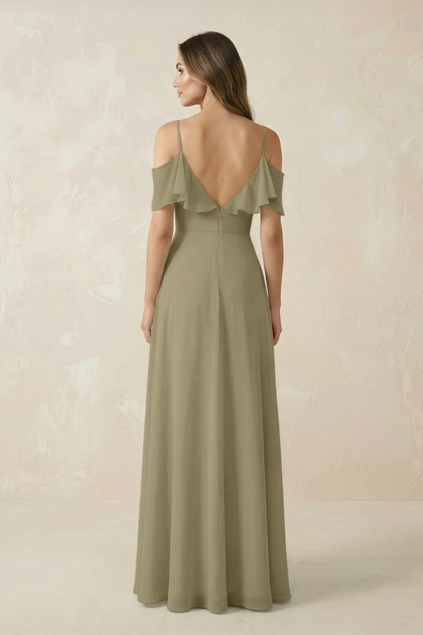 Off - the - Shoulder Ruffled A - Line Chiffon Bridesmaid Dress in Thyme - SHE IS ME Bridesmaid Dresses