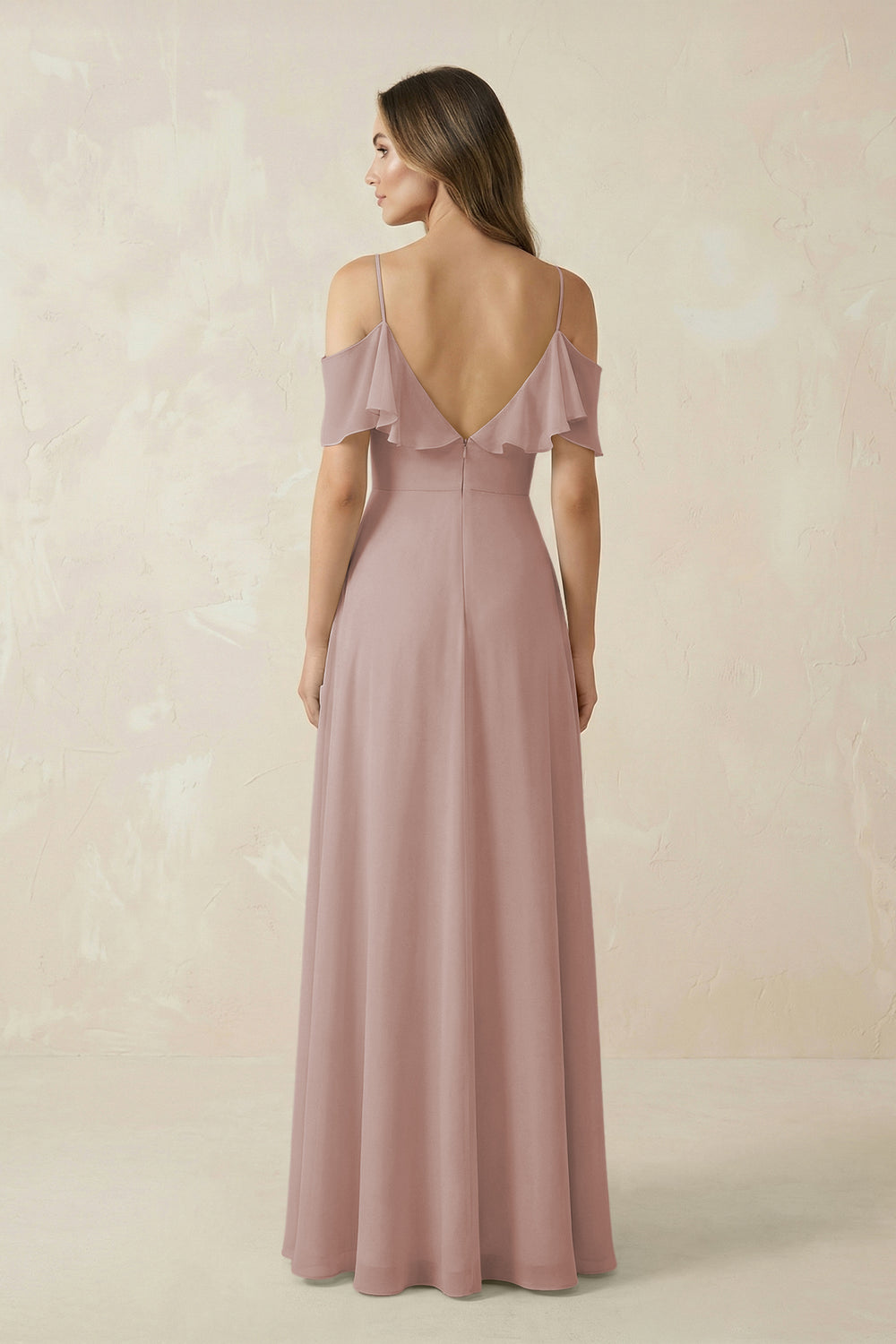 Off-the-Shoulder Ruffled A-Line Chiffon Bridesmaid Dress in Toffee