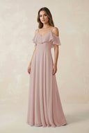 Off - the - Shoulder Ruffled A - Line Chiffon Bridesmaid Dress in Toffee - SHE IS ME Bridesmaid Dresses