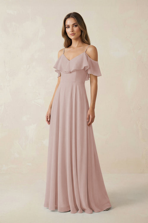 Off - the - Shoulder Ruffled A - Line Chiffon Bridesmaid Dress in Toffee - SHE IS ME Bridesmaid Dresses