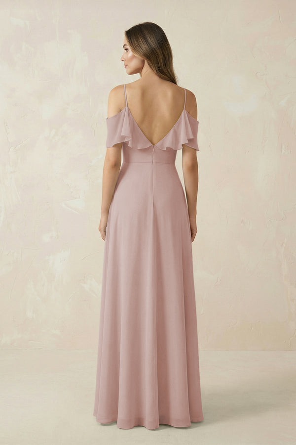 Off - the - Shoulder Ruffled A - Line Chiffon Bridesmaid Dress in Toffee - SHE IS ME Bridesmaid Dresses