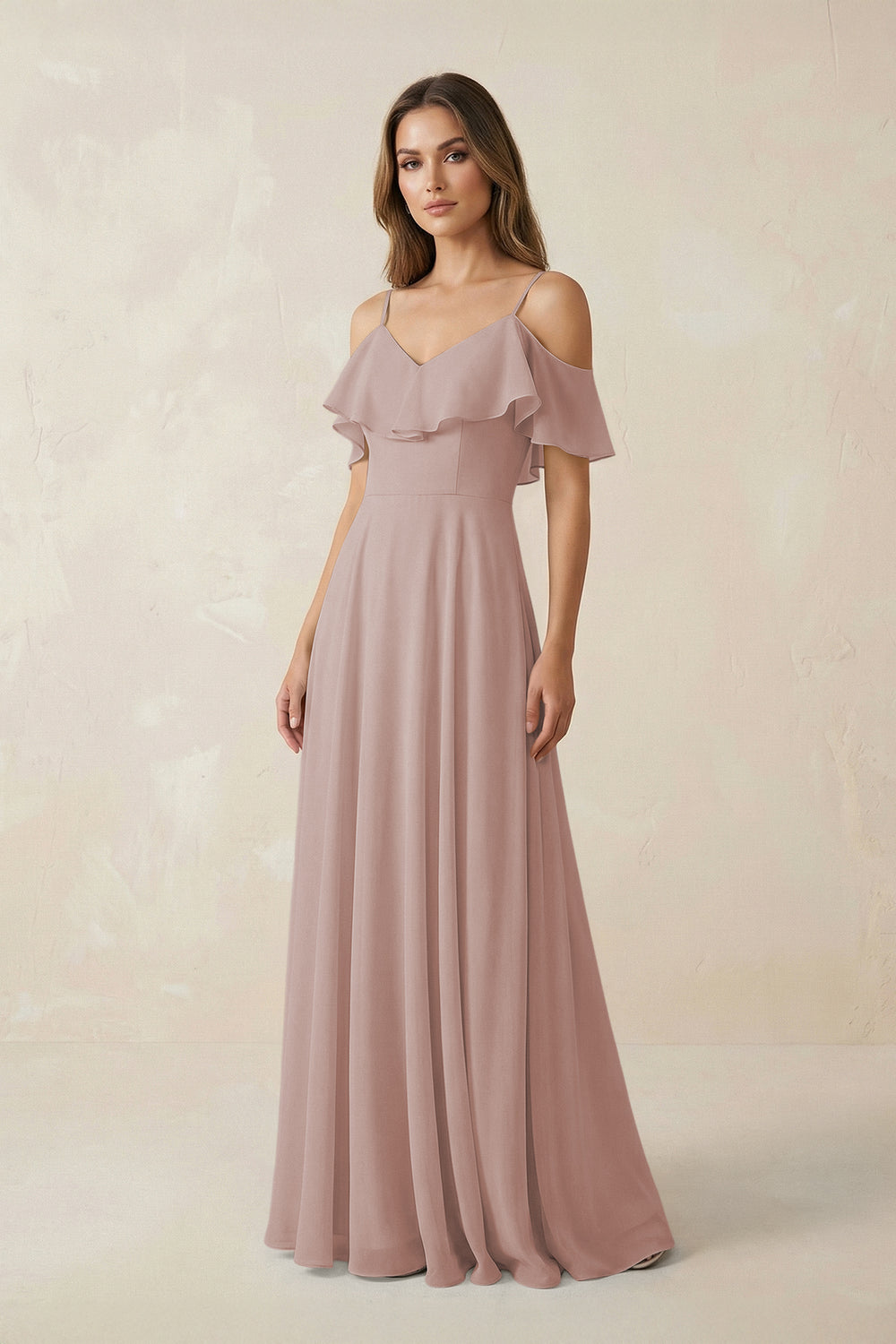 Off-the-Shoulder Ruffled A-Line Chiffon Bridesmaid Dress in Toffee