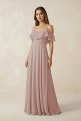 Off-the-Shoulder Ruffled A-Line Chiffon Bridesmaid Dress in Toffee | KISSBRIDAL