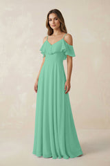 Off - the - Shoulder Ruffled A - Line Chiffon Bridesmaid Dress in Turquoise - KISS BRIDAL Bridesmaid Dresses