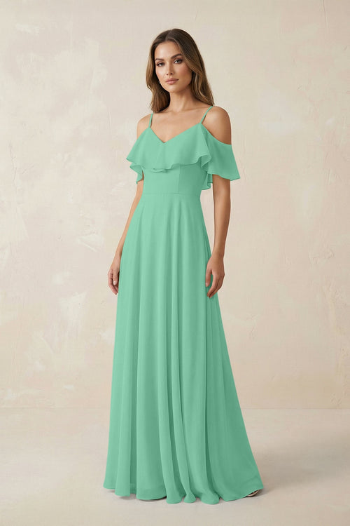 Off - the - Shoulder Ruffled A - Line Chiffon Bridesmaid Dress in Turquoise - SHE IS ME Bridesmaid Dresses