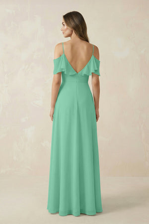 Off - the - Shoulder Ruffled A - Line Chiffon Bridesmaid Dress in Turquoise - SHE IS ME Bridesmaid Dresses