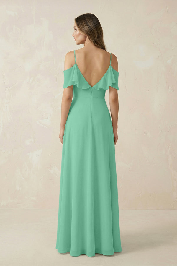 Off - the - Shoulder Ruffled A - Line Chiffon Bridesmaid Dress in Turquoise - SHE IS ME Bridesmaid Dresses
