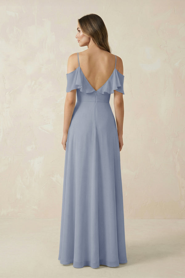 Off - the - Shoulder Ruffled A - Line Chiffon Bridesmaid Dress in Twilight - SHE IS ME Bridesmaid Dresses