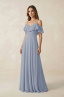 Off - the - Shoulder Ruffled A - Line Chiffon Bridesmaid Dress in Twilight - SHE IS ME Bridesmaid Dresses