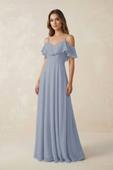Off - the - Shoulder Ruffled A - Line Chiffon Bridesmaid Dress in Twilight - KISS BRIDAL Bridesmaid Dresses