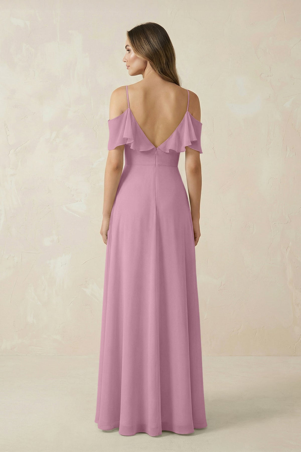 Off - the - Shoulder Ruffled A - Line Chiffon Bridesmaid Dress in Vintage Mauve - KISS BRIDAL Bridesmaid Dresses