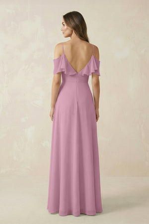 Off - the - Shoulder Ruffled A - Line Chiffon Bridesmaid Dress in Vintage Mauve - SHE IS ME Bridesmaid Dresses